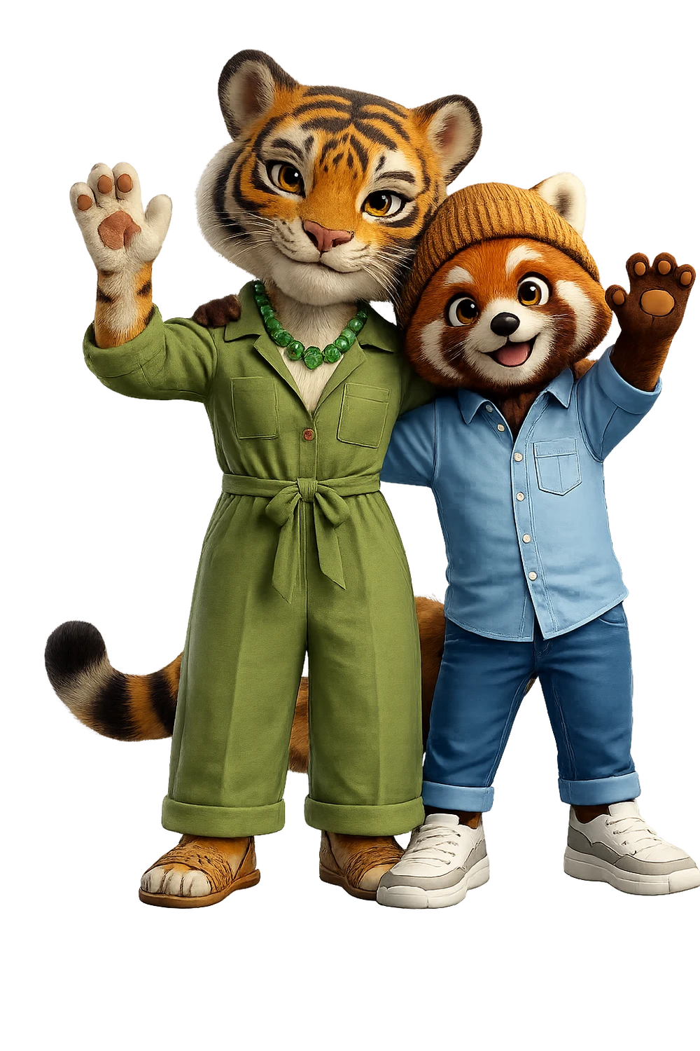 Ember the tiger with an arm around Momo the red panda, both waving