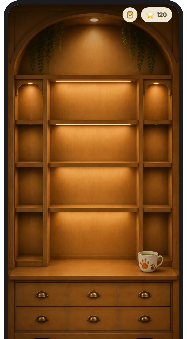 Your Nook on iPhone: a warm, lamplit shelf waiting to be decorated, with a points balance ready to spend