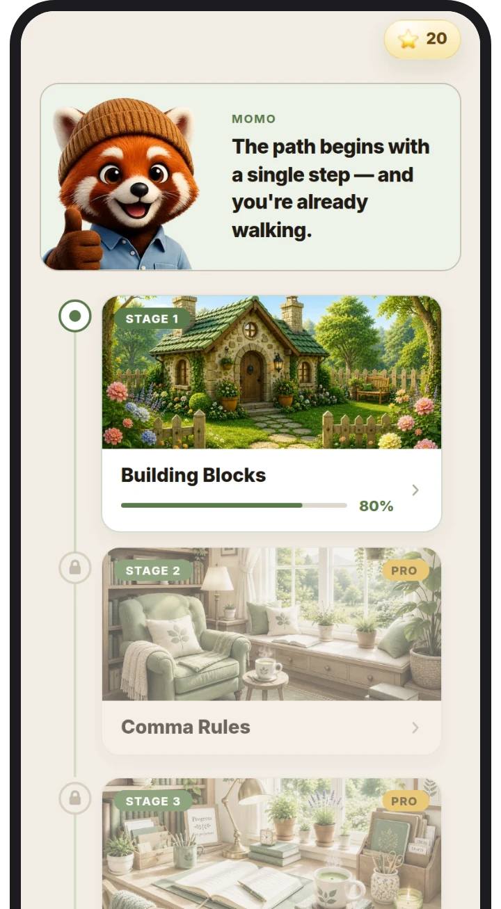 The Daily Whisk path on iPhone: Momo greeting the student, Stage 1 Building Blocks at 80 percent, with later stages below
