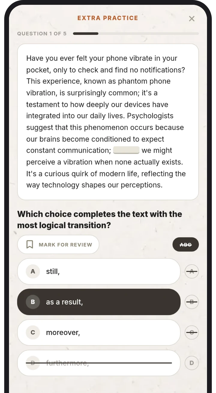 Daily Whisk Extra Practice on iPhone: an SAT-style transition question with mark-for-review and answer-elimination tools