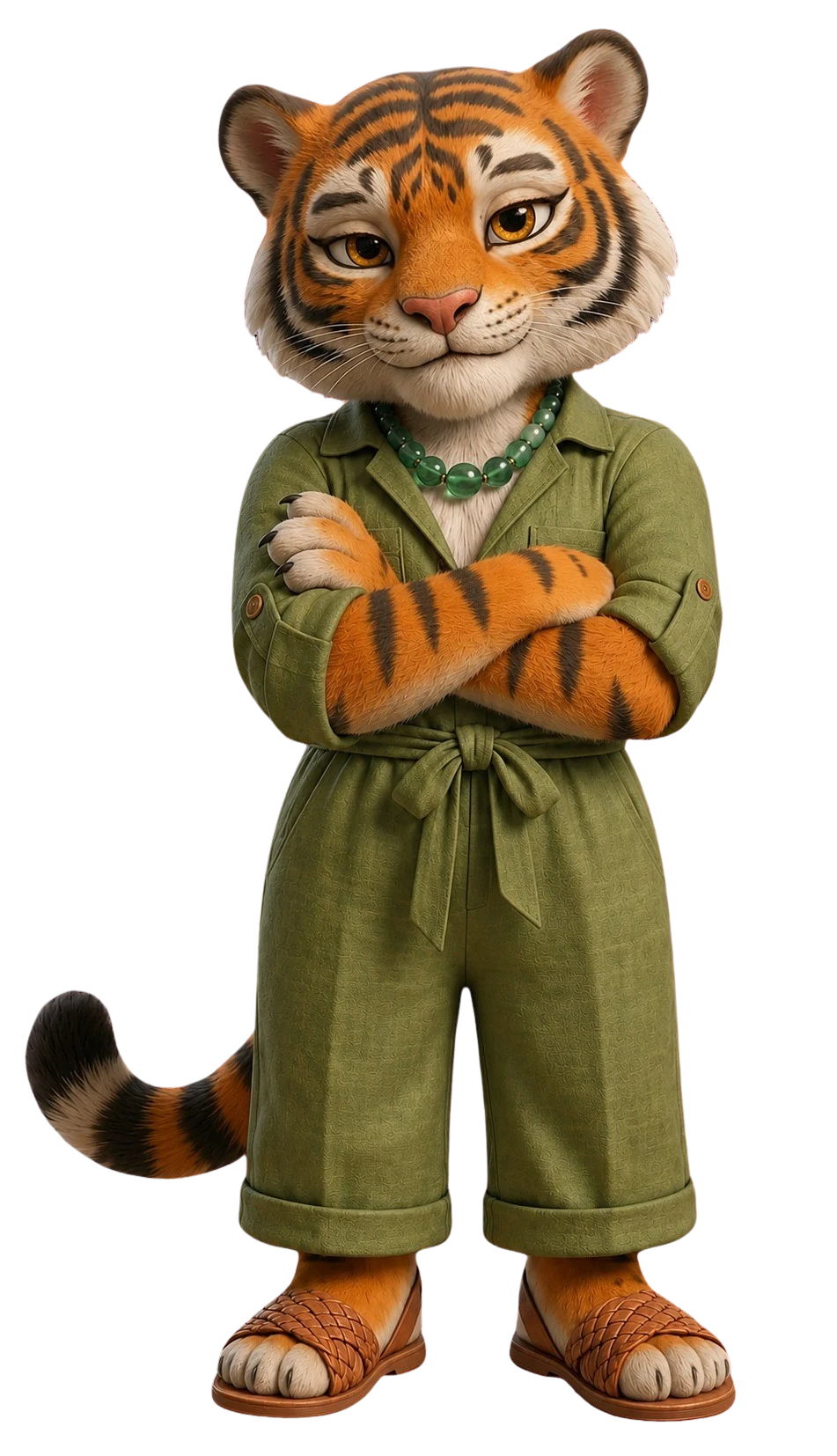 Ember, a tiger in a green jumpsuit, arms crossed with a knowing look