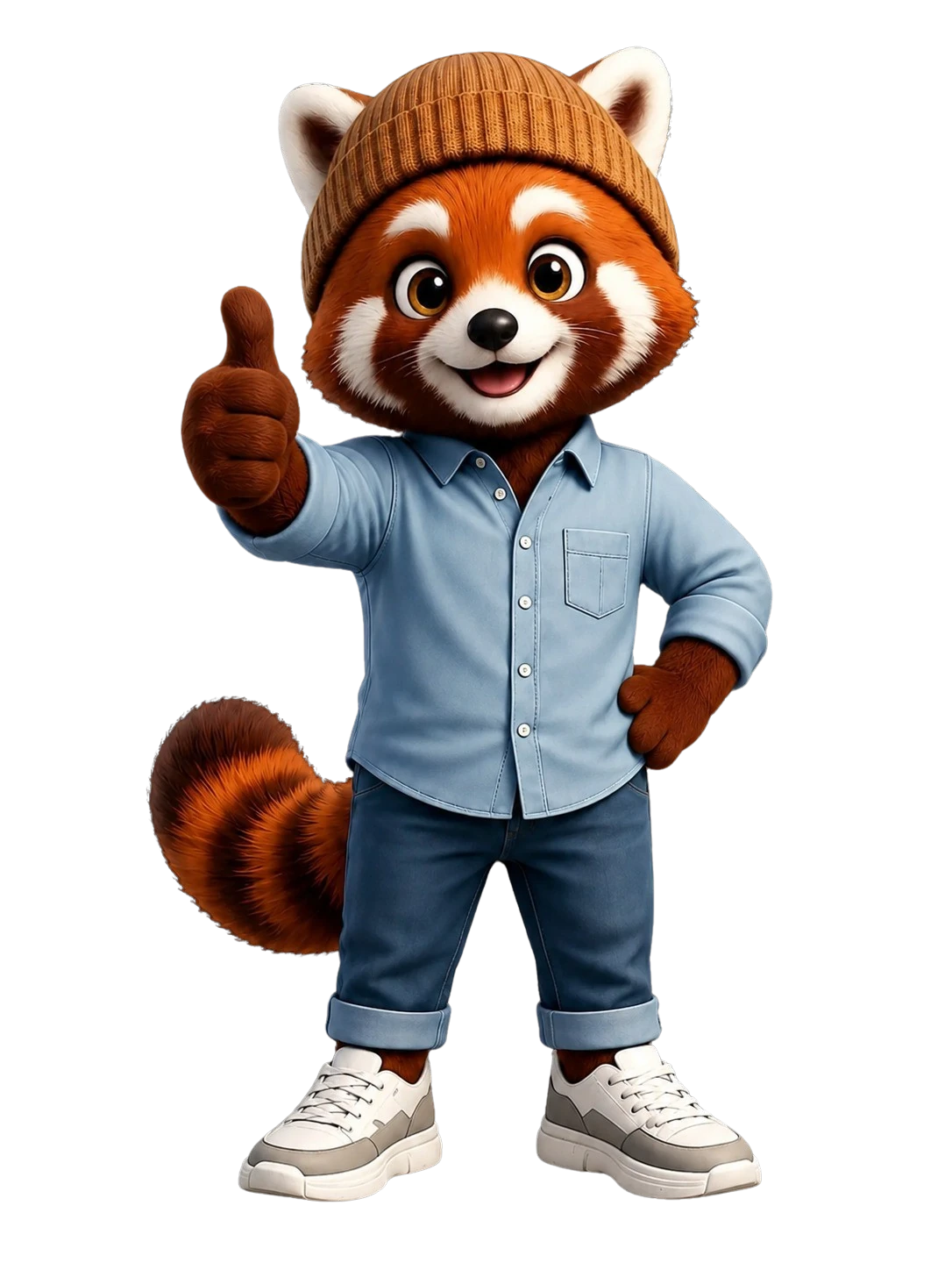 Momo, a cheerful red panda in a beanie and denim shirt, giving a thumbs up