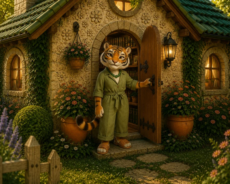 Ember opening the door to a warm, lantern-lit cottage lined with bookshelves