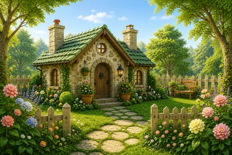 Stage 1 of the Daily Whisk path: a cozy stone cottage with a flower garden in morning light