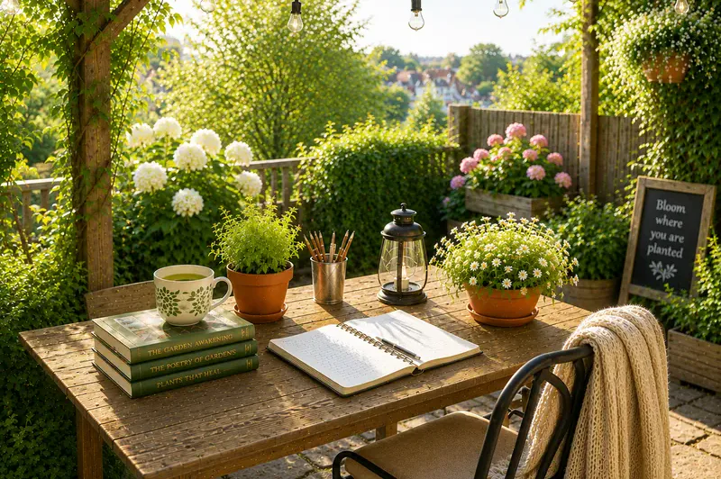 A garden writing desk with tea, books, and an open journal — the setting for practice in Daily Whisk